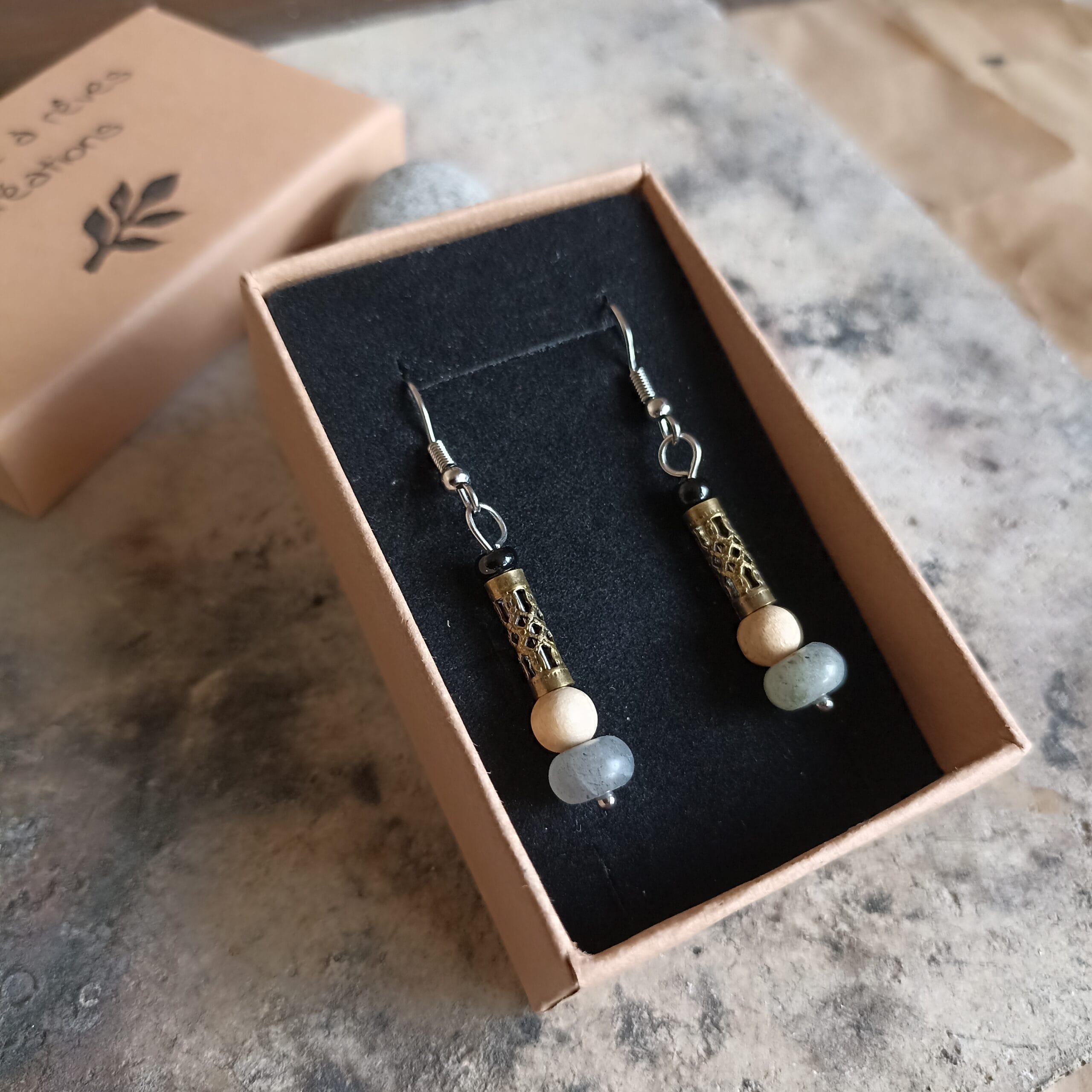 Boucles d'oreilles exposées dans leur écrin en carton.